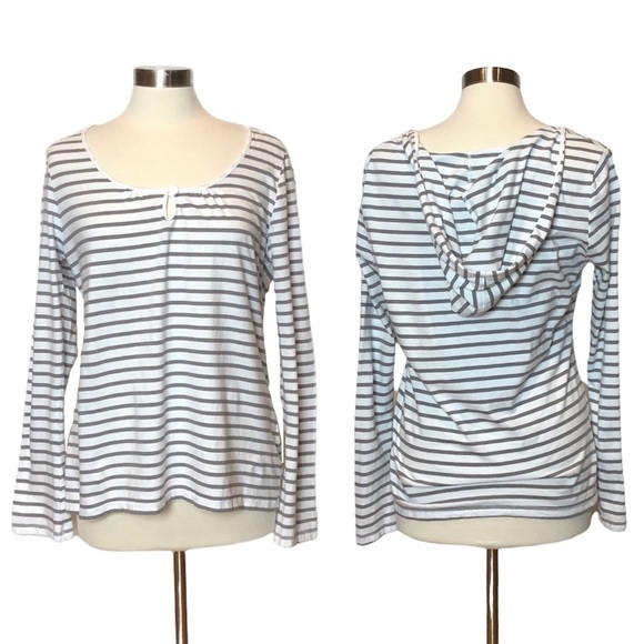 Kenneth Cole Reaction Gray and White Striped Hooded Cotton Top - Picture 1 of 13
